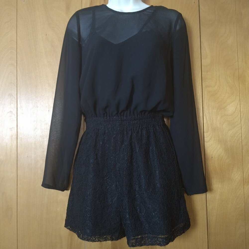 BCBGeneration XS Black Top Lined Romper Lace Overlay Goth Dark Romantic Feminine